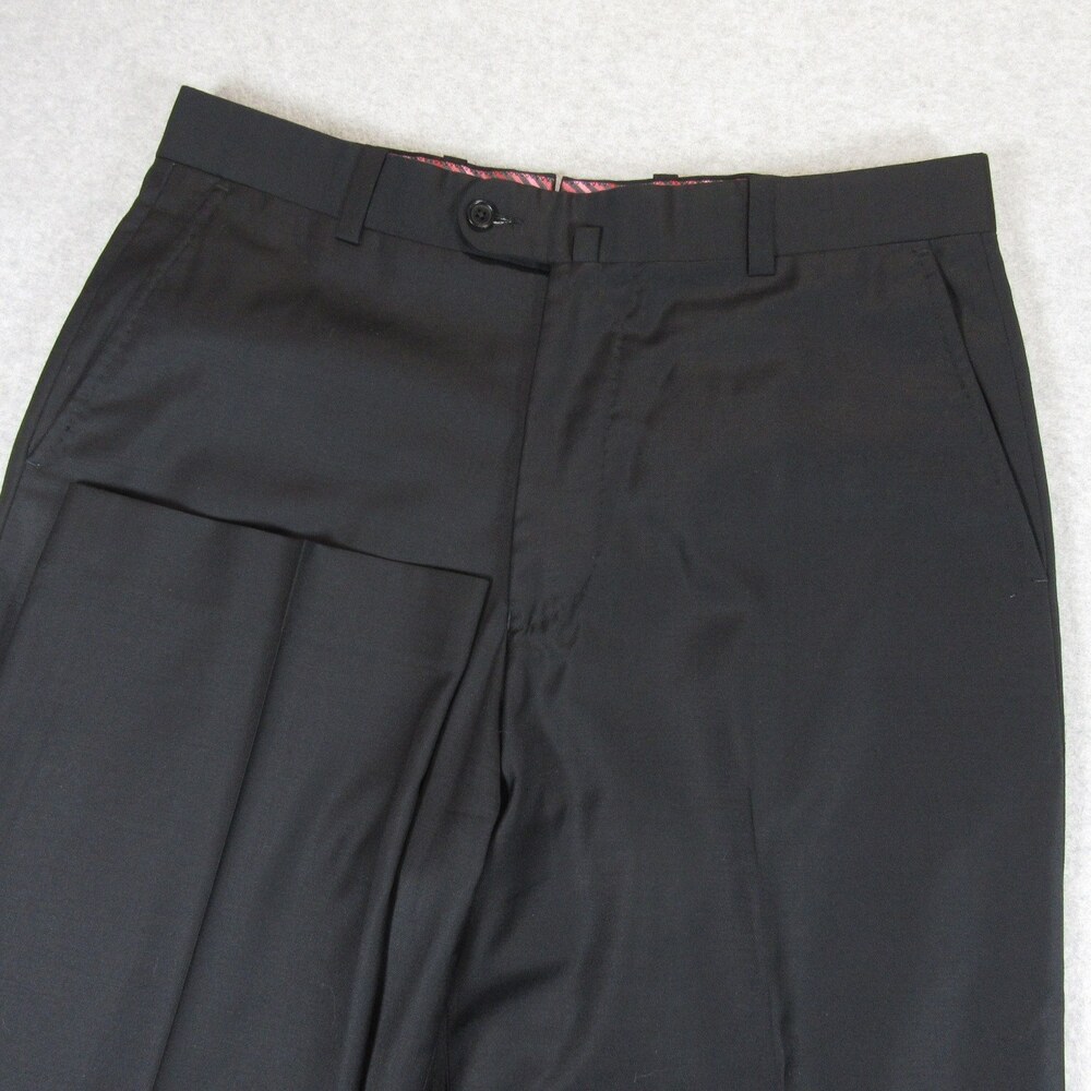 Antas Mens Dress Pants 35 x 29 Solid Black Stretch Wool Flat Front Straight